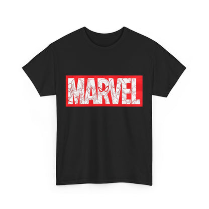 Front view of the striking 'MARVEL' graphic tee in black, featuring bold typography and iconic superhero designs, perfect for showcasing passion for the Marvel universe.