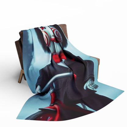 Gorgeous decorative and warm Halloween jigsaw Arctic fleece blanket draped artfully over a stylish armchair, perfect for adding seasonal warmth and charm.