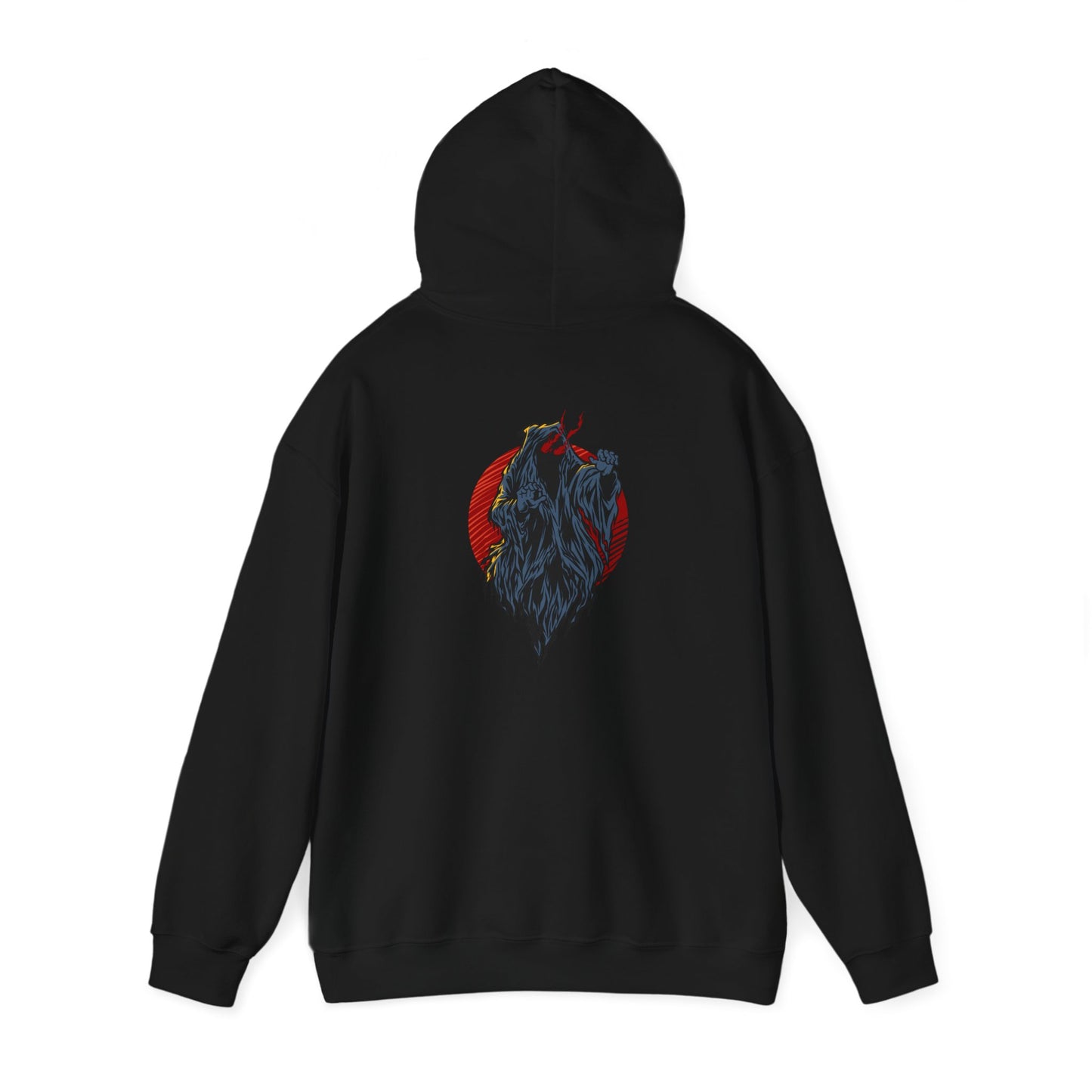 Elegant black hoodie featuring a striking demon design in grey with fiery red circle background, ideal for bold fashion statements.