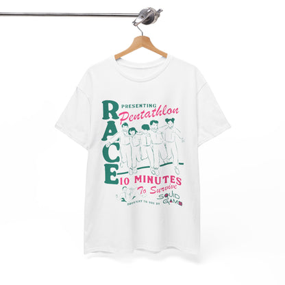 Trendy white t-shirt hung on a stylish rack, displaying a unique Squid Game pentathlon graphic, a perfect blend of comfort and statement fashion.