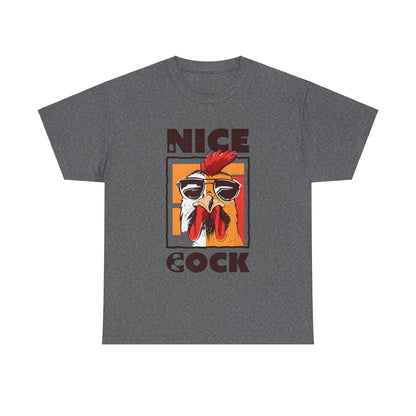 Unisex Nice Cock Graphic Tee in heather grey, featuring an eye-catching cartoon chicken with sunglasses, designed for a luxurious casual wear experience.