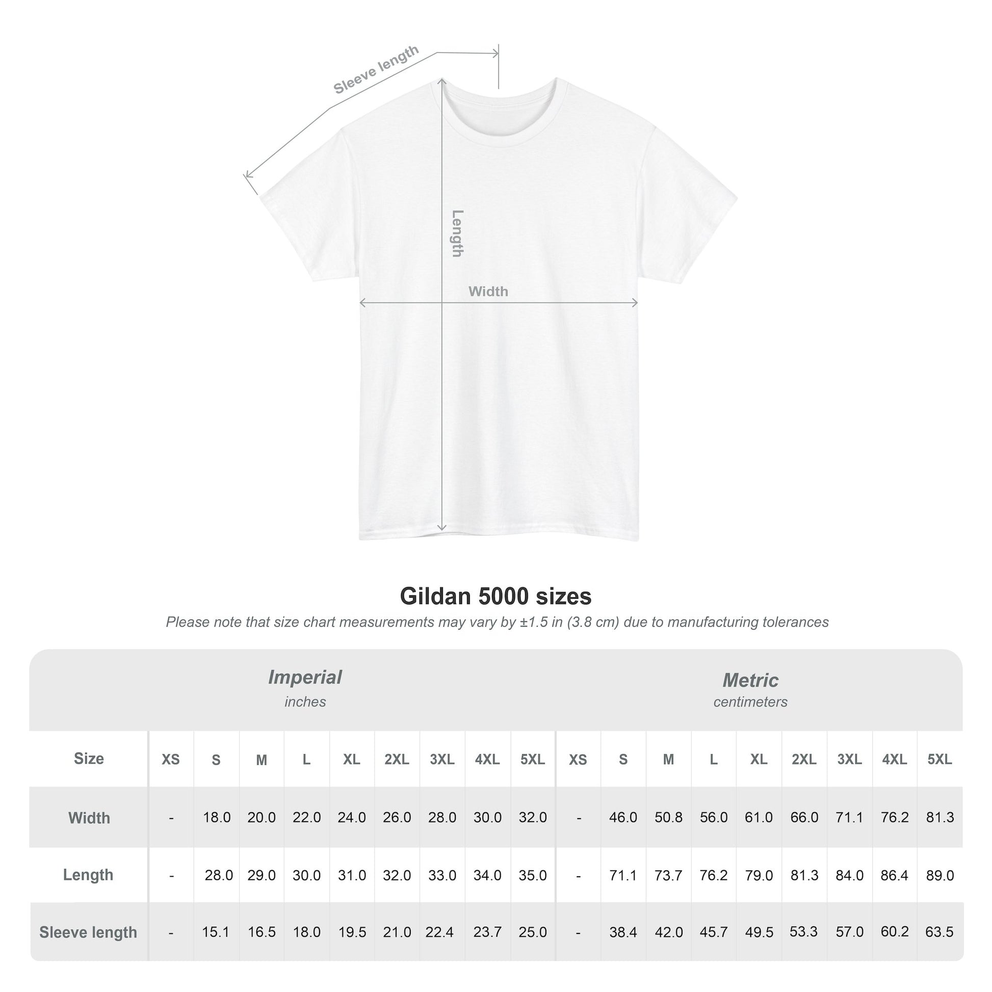 Detailed size chart for the Gildan 5000 t-shirt, providing precise measurements for optimal fit.