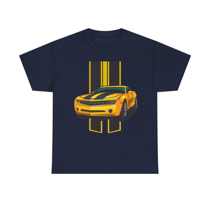 Sophisticated navy T-shirt with a prominent neon yellow Camaro design and dynamic black stripes, representing high-performance style.