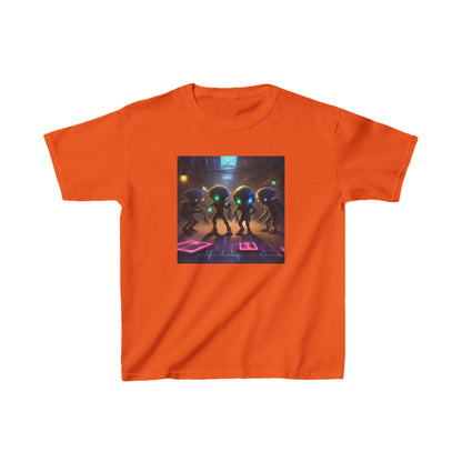 Kids Cute Aliens Heavy Cotton T-Shirt in bold orange, showcasing fun alien graphics, ideal for cultivating creativity in children.