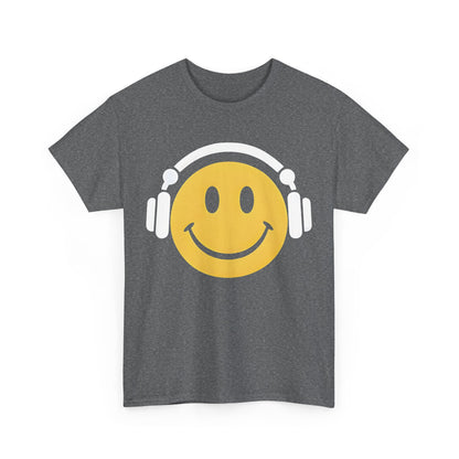 Enchanted Harmony Graphic T-Shirt featuring a bold yellow smiley face with headphones on a trendy grey cotton tee, ideal for stylish casual wear.