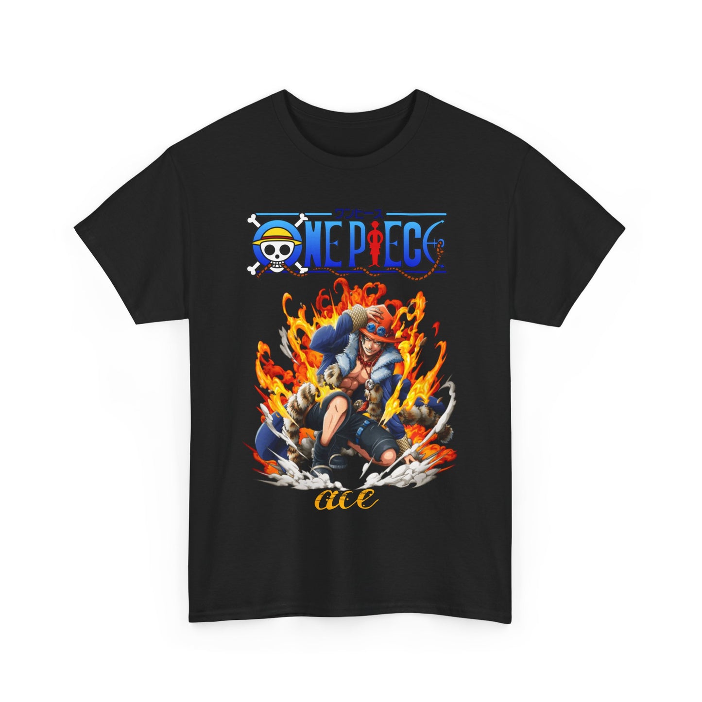 Premium quality black Epic Ace men's T-shirt designed with a bold graphic of Ace from One Piece amidst captivating flames, perfect for a fashionable look.
