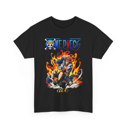 Premium quality black Epic Ace men's T-shirt designed with a bold graphic of Ace from One Piece amidst captivating flames, perfect for a fashionable look.