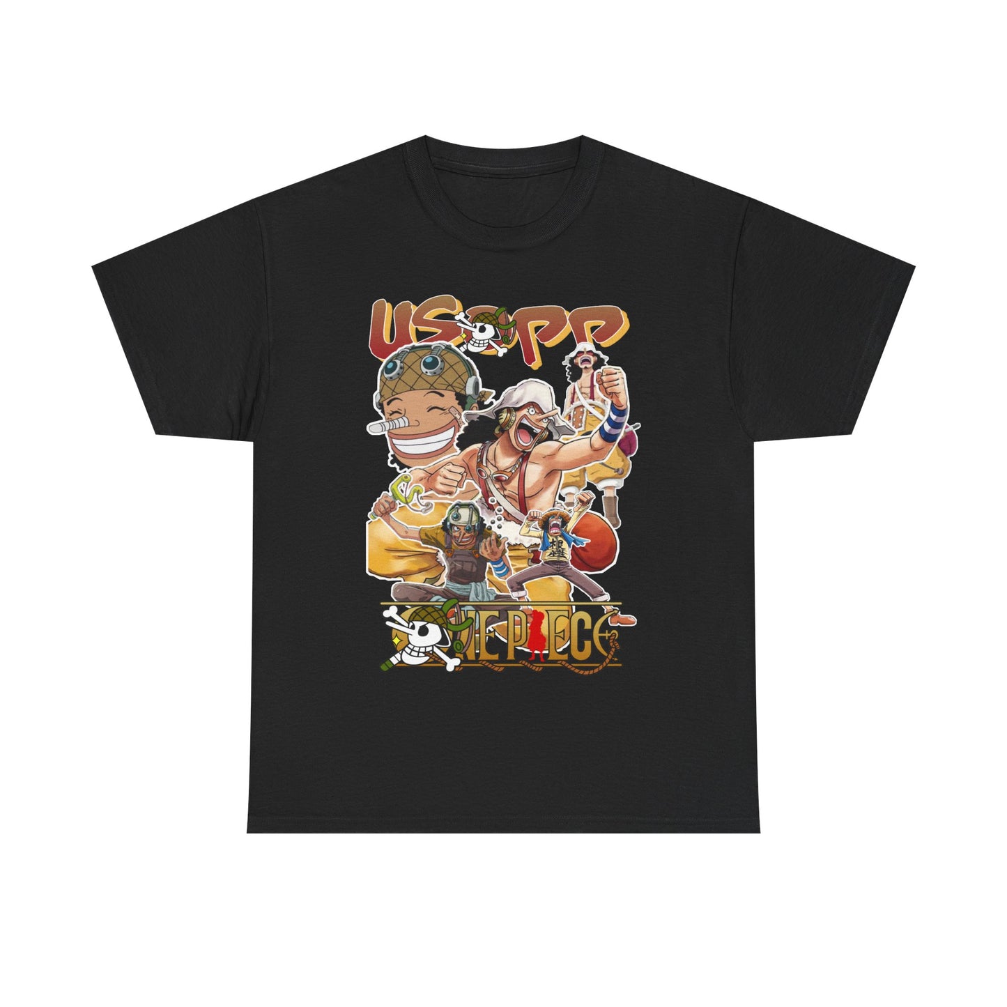 Elegant black anime manga t-shirt adorned with a stunning array of iconic characters, prominently displaying Usopp, ideal for stylish anime enthusiasts.