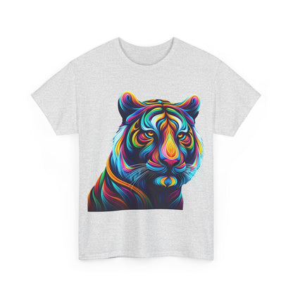 Front view of the Tiger's Whimsy Graphic Unisex T-Shirt showcasing an artistic kaleidoscope tiger design, vibrant and colourful, ideal for fashion-forward individuals.