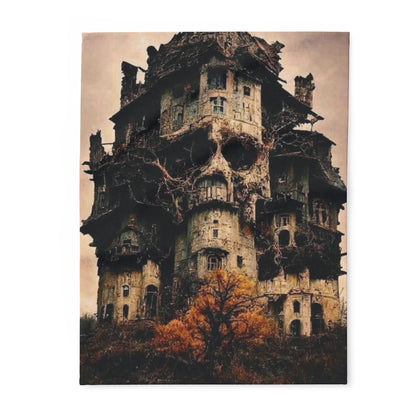 Decorative and Warm Halloween Spooky Arctic Fleece Blanket featuring an eerie haunted house design with skull-like architecture, perfect for adding a luxurious touch to your Halloween decor.