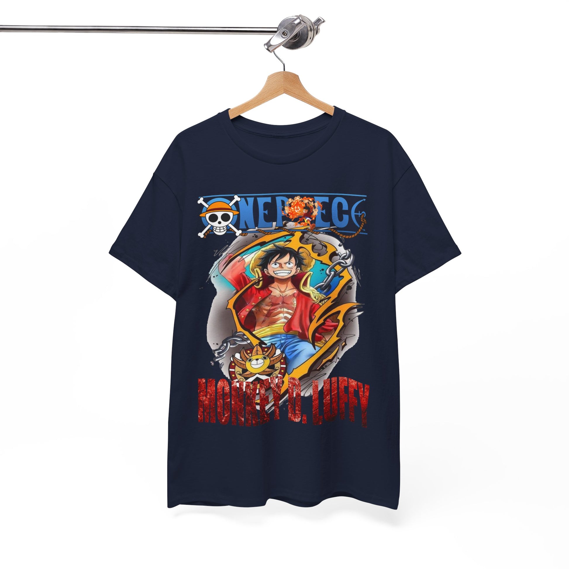 Elegantly displayed navy blue t-shirt showcasing a detailed Monkey D. Luffy graphic, complemented by the iconic ONE PIECE logo.