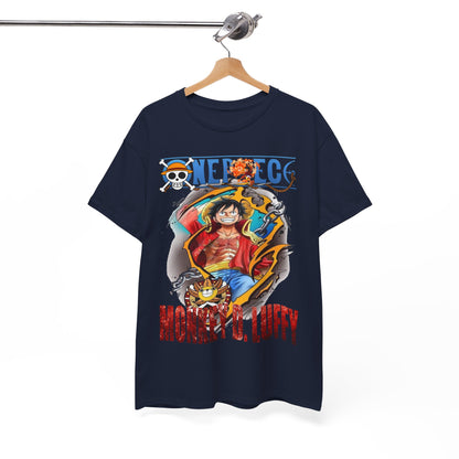 Elegantly displayed navy blue t-shirt showcasing a detailed Monkey D. Luffy graphic, complemented by the iconic ONE PIECE logo.