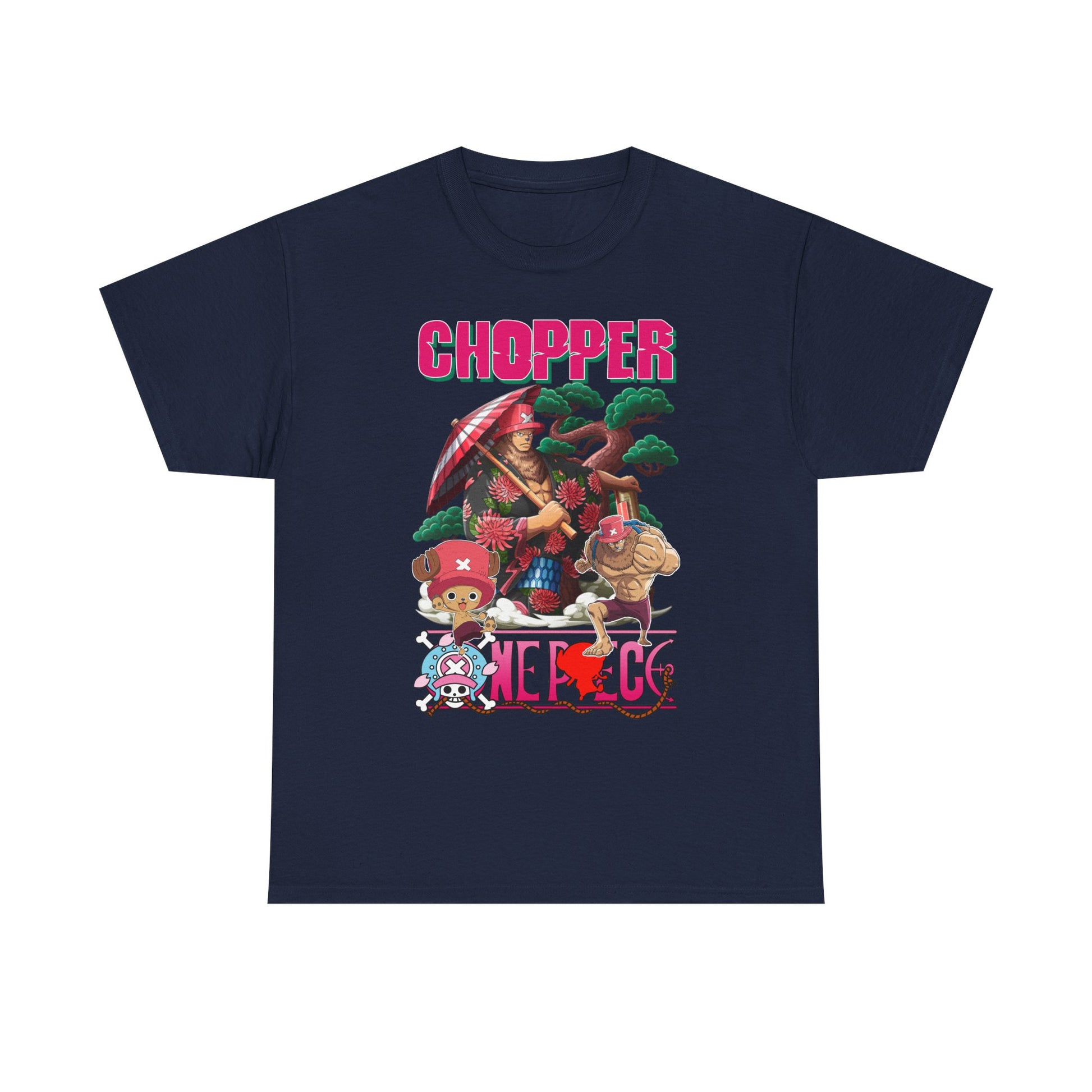 Refined navy men's t-shirt displaying striking anime graphic art of Chopper and friends, a statement piece for discerning anime fans.