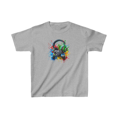 Unisex Children's Gaming Graphic Cotton Tee in heather grey with a dynamic graphic of a gaming headset and controller, perfect for young gamers seeking style and comfort.