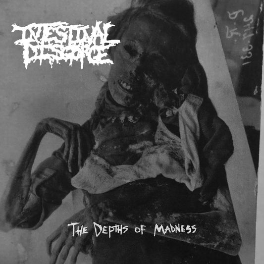 Intestinal Disgorge - The Depths of Madness album cover, an official release by Rancid Offal Records, showcasing the unique goregrind genre with striking visuals.