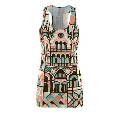 Athena Braxton Stylish Pastel Racerback Dress by Dazzling Dreams Studio, showcasing a vibrant design inspired by Barcelona's iconic culture and artistic mosaics, perfect for elegant occasions.