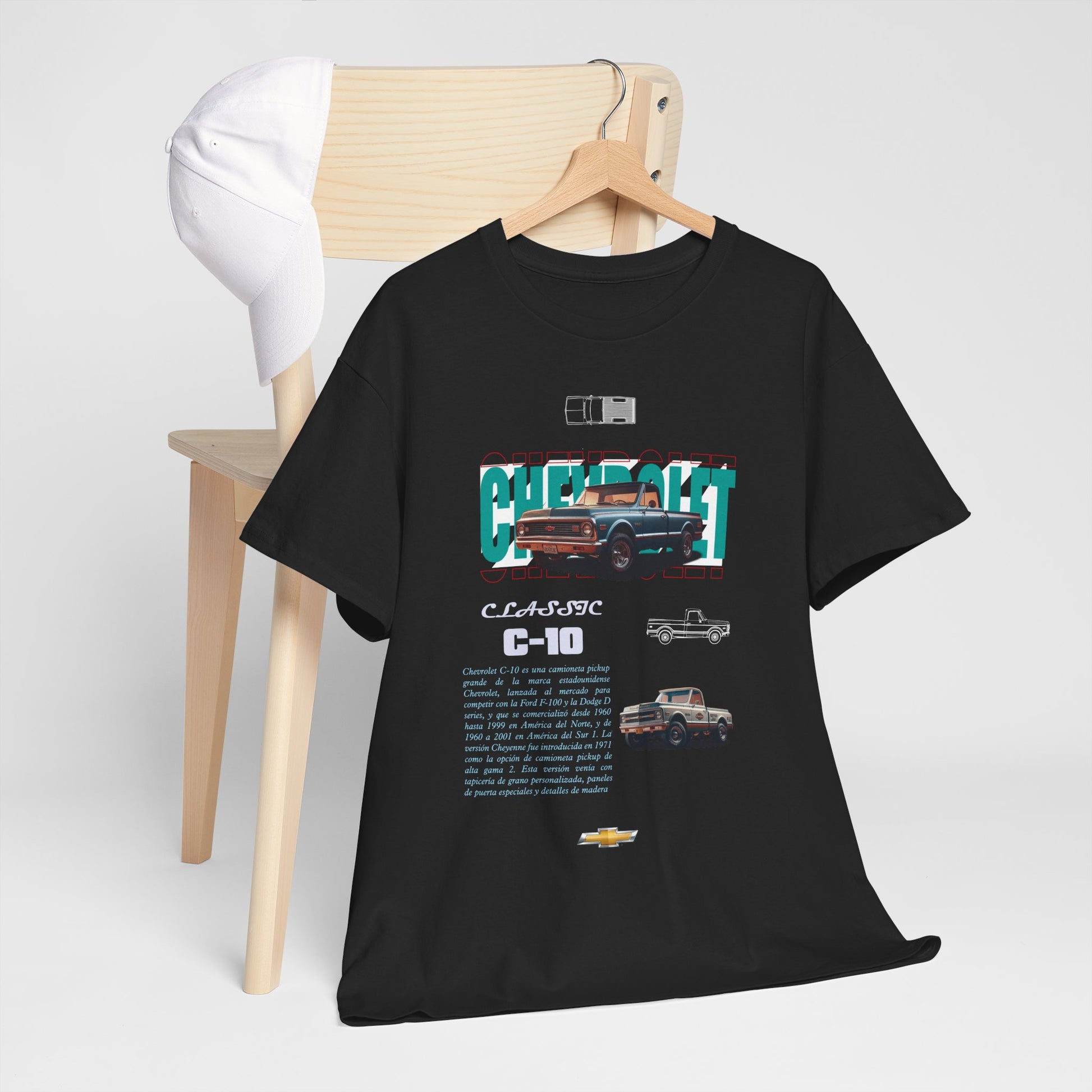 Refined Chevrolet C-10 t-shirt on a hanger, featuring classic automotive designs and upscale presentation for car lovers.