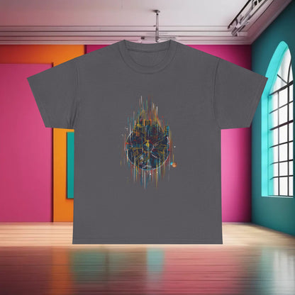 Explore the allure of the Millenium Falcon Abstract Art Graphic T-Shirt, showcased in an artistic environment, focusing on its unique design and high-quality cotton material.