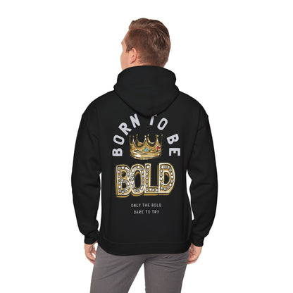 Elegant back view of the BORN TO BE BOLD hoodie featuring a golden crown design and striking bold lettering, ideal for making a luxurious fashion statement.