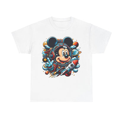 Chic unisex graphic tee in classic white displaying a colourful Mickey Mouse astronaut illustration, adorned with a delightful rocket and cosmic elements, a must-have for luxury casual wear.