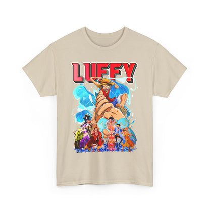 Stylish men's t-shirt featuring a vibrant graphic of Luffy from One Piece, set against a soft beige background, ideal for adventurous fashion enthusiasts.