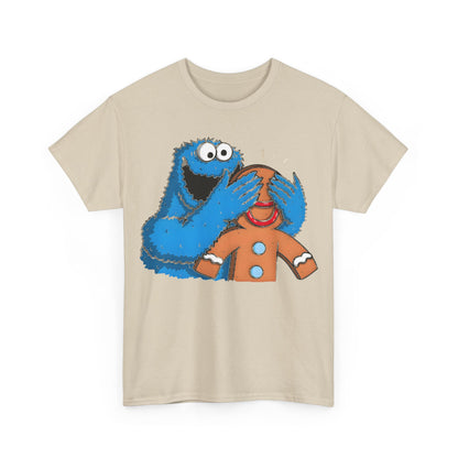 Front view of the unisex Cookie Monster guess who Graphic Tee Shirt, adorned with a playful Cookie Monster and gingerbread man illustration on premium beige fabric.