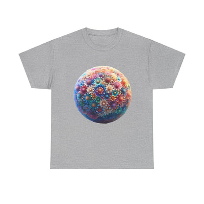 Iridescent Floral Sphere Unisex Cotton Tee Graphic T Shirt in grey showcasing a vibrant floral design that captures light beautifully.
