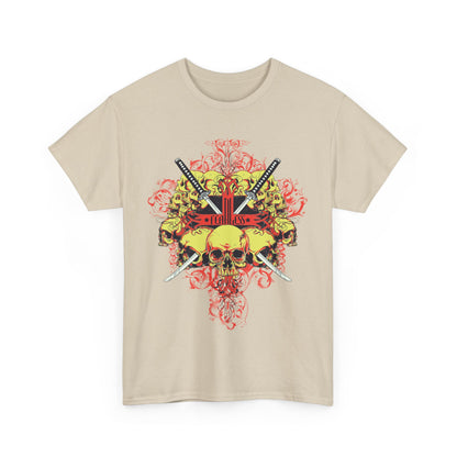 Fearless Samurai Swords Graphic Tee for Men in beige, adorned with a striking skull and sword design, perfect for a fashionable statement.