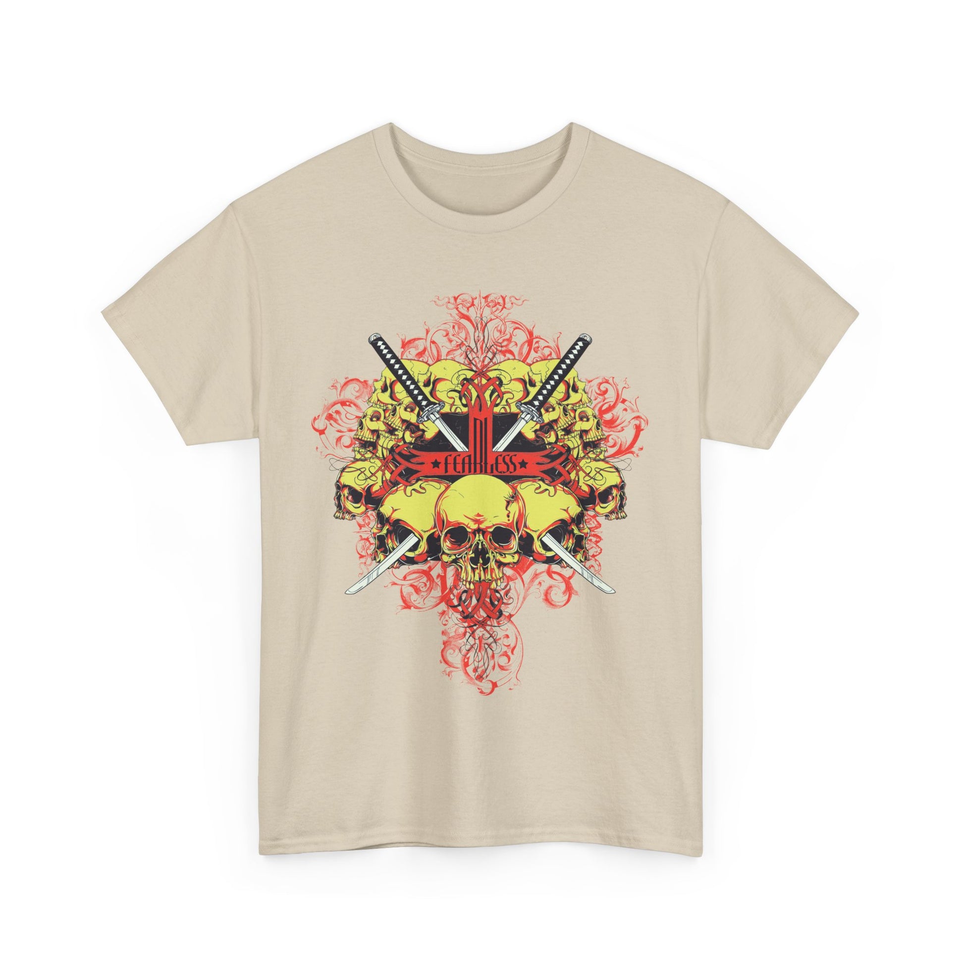 Front view of the Fearless Samurai Swords graphic tee featuring a striking skull and sword design, ideal for edgy styles.