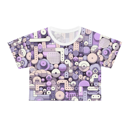 Pastel Purple Abstract Patterned Cropped T-Shirt by Dazzling Dreams Studio displayed on a mannequin, showcasing its unique abstract design and soft purple hues.