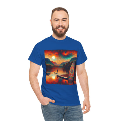 Dazzling Dreams Studio paddleboarding scene t-shirt available in multiple sizes, designed for ultimate comfort during water sports activities.