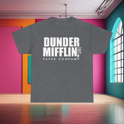 Luxurious Dunder Mifflin Logo Graphic T-Shirt in grey, featuring the iconic logo of the beloved paper company, perfect for stylish fans of The Office.
