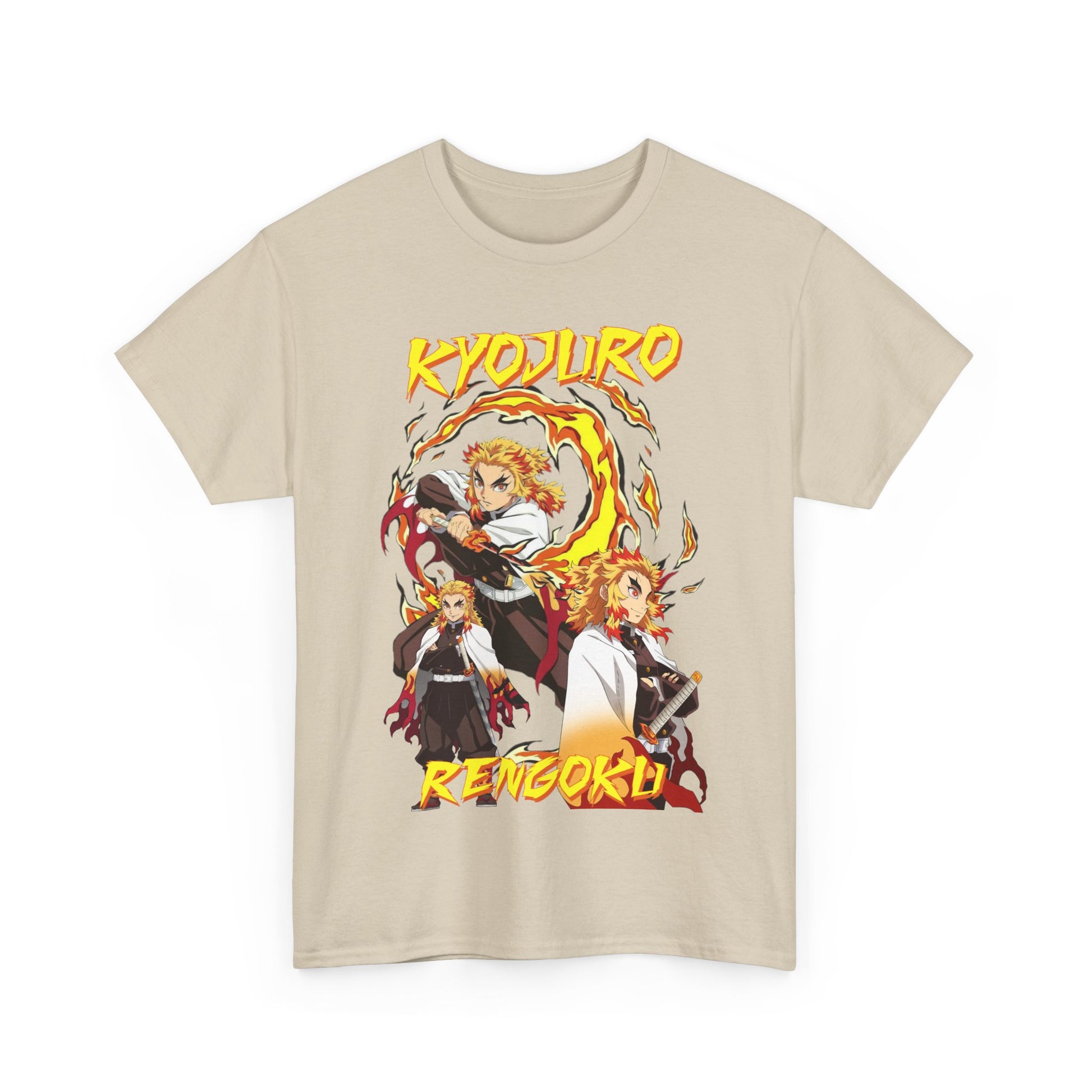 Luxurious Kyojuro Rengoku anime t-shirt in beige, elegantly displaying a bold graphic design of the iconic character, a statement piece for avid fans.