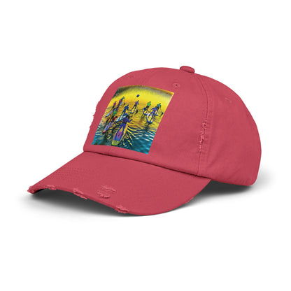 Unisex Distressed Paddleboarders Cap featuring a vibrant fantasy scene, perfect for beach and river adventures.