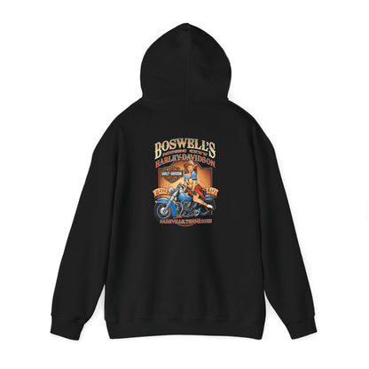 Vintage Harley-Davidson back print hoodie showcasing a stylish pin-up woman on a motorcycle, reflecting Nashville's vibrant music culture.