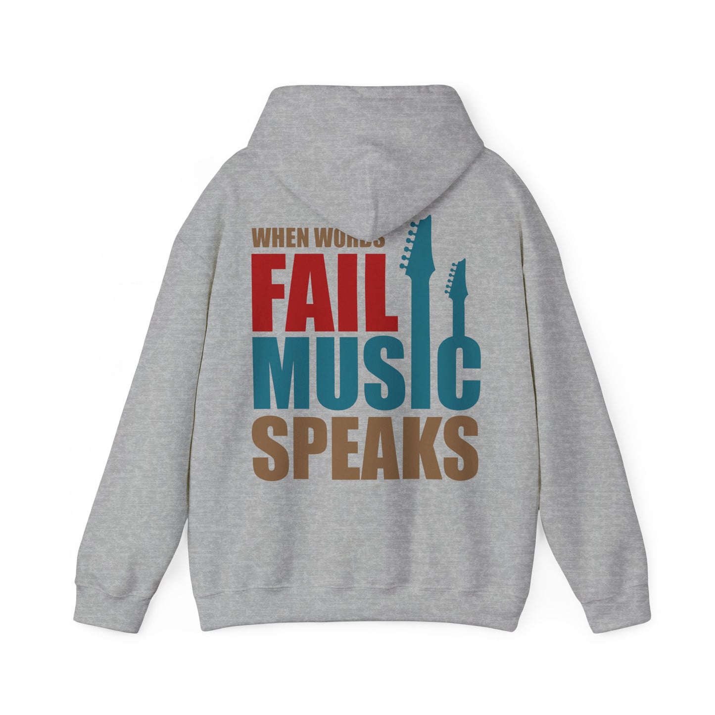 Sophisticated grey hoodie adorned with the inspiring quote 'WHEN WORDS FAIL MUSIC SPEAKS', complemented by sleek guitar silhouettes, ideal for expressing a passion for music.