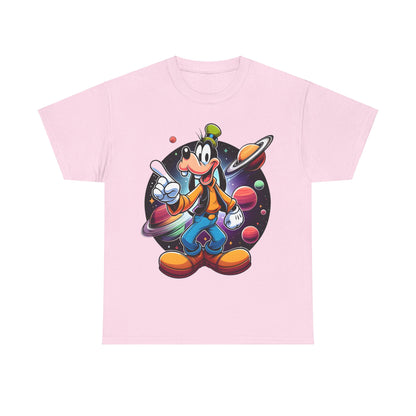 Cosmic Goofy Unisex Graphic Tee in pink displaying a whimsical Disney design with Goofy pointing in a cosmic landscape filled with vibrant planets.