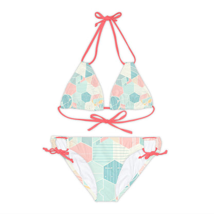 Sweat Symphony: Harmonizing symphony Strappy Bikini Set featuring a stylish triangle top with vibrant geometric patterns and a matching bikini bottom, perfect for luxurious beach days.