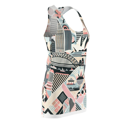 Close-up of the Chic Sydney-Inspired Racerback Dress featuring intricate modern pattern details and soft pastel colours, inspired by landmarks like the Harbour Bridge and Opera House.