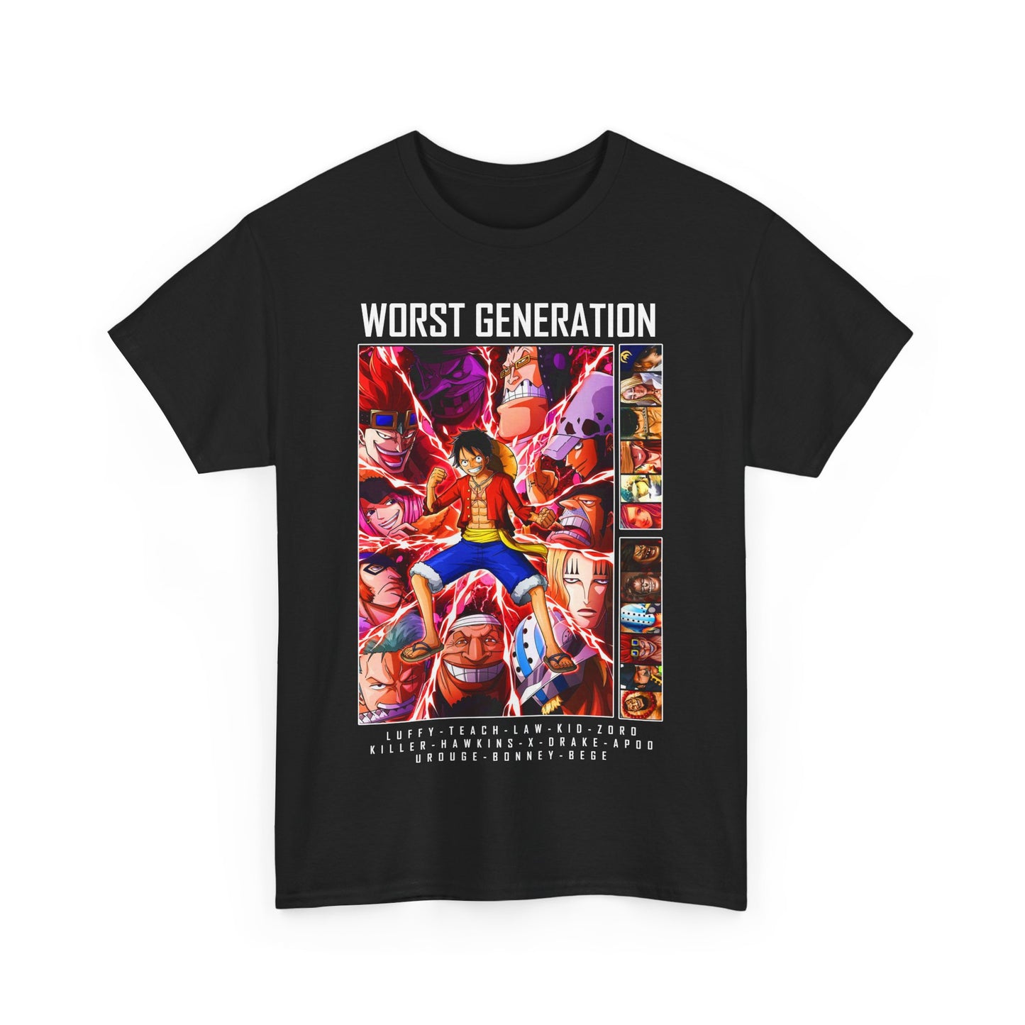Elegant black T-shirt with dynamic illustrations of the 'Worst Generation' characters from One Piece, highlighted by rich colours and a captivating design.