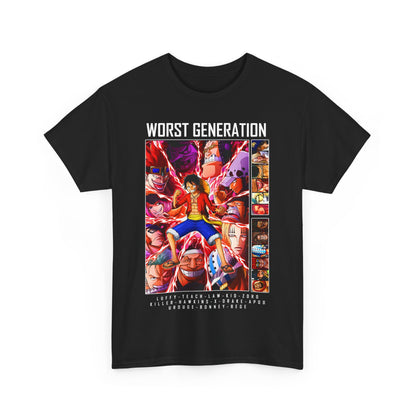 Elegant black T-shirt with dynamic illustrations of the 'Worst Generation' characters from One Piece, highlighted by rich colours and a captivating design.