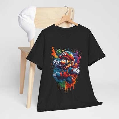 Luxury Computer Game Character Graphic T-Shirt featuring a vibrant Mario design on a black background, perfect for urban fashion enthusiasts.