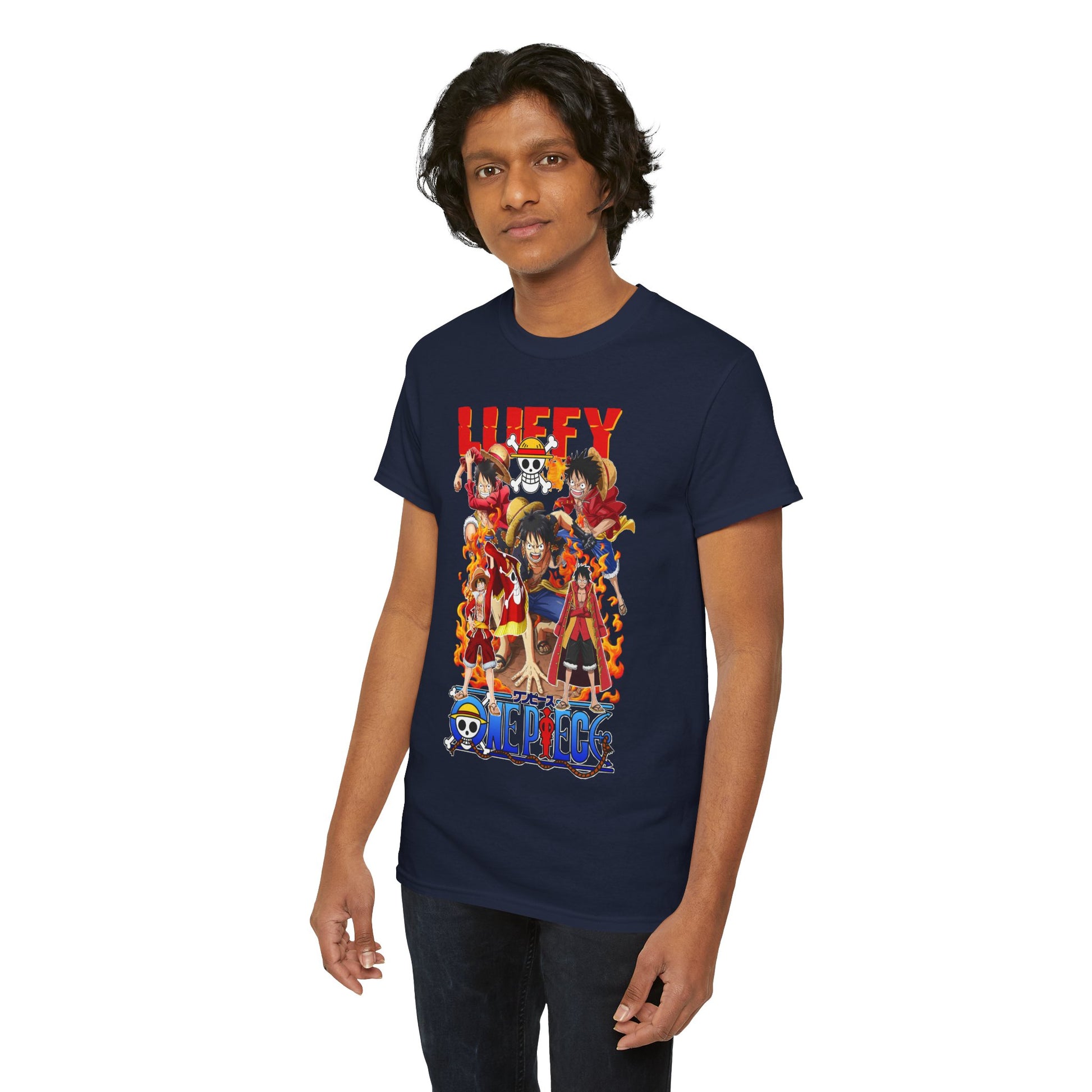 Another model wearing the distinctive navy t-shirt featuring an exquisite graphic design of anime characters, ideal for fans seeking to express their passion in style.