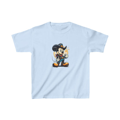 Unisex Kids Mickey Mouse Cotton T-Shirt in light blue colour displaying a charming graphic of Mickey Mouse in cowboy attire, a delightful addition to children's luxury clothing.