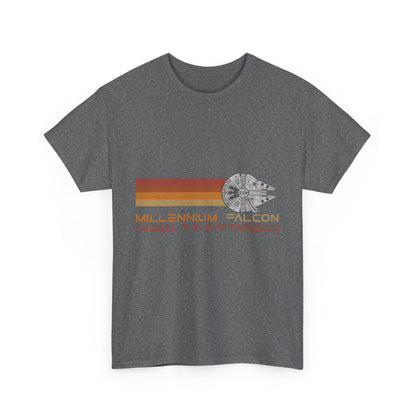 Front view of the Millenium Falcon Abstract Art Graphic T-Shirt, featuring an artistic representation of the iconic starship on a stylish grey backdrop.