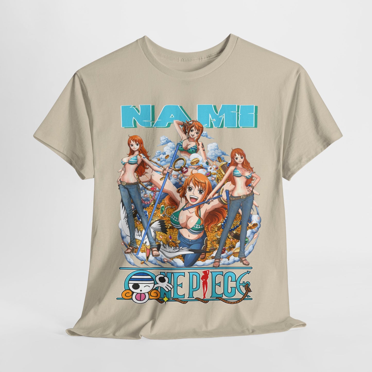 Eye-catching Nami anime t-shirt on a clean white backdrop, highlighting bright illustrations and bold colours, suitable for a chic statement look.