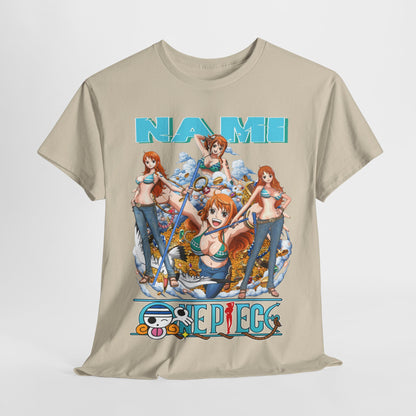 Eye-catching Nami anime t-shirt on a clean white backdrop, highlighting bright illustrations and bold colours, suitable for a chic statement look.