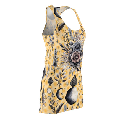 Side profile of the Chic Women's Designer Racerback Dress, highlighting its elegant silhouette and artistic floral patterns, suitable for casual outings.