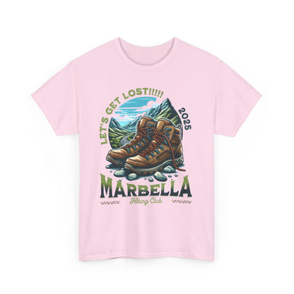 Marbella Hiking Club Unisex Graphic Tee in refined pink, presenting a beautiful graphic of hiking boots surrounded by nature, perfect for outdoor enthusiasts.