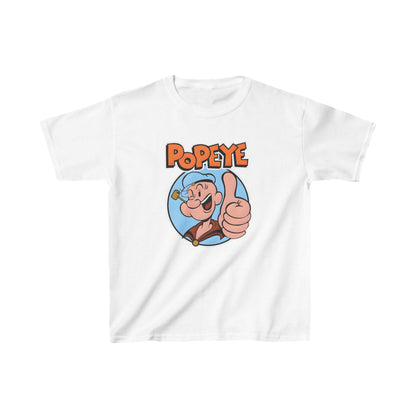 Unisex Kids Popeye Cotton T Shirt Tee in classic white, showcasing an iconic Popeye illustration with a cheerful thumbs-up, ideal for the fashion-forward child.